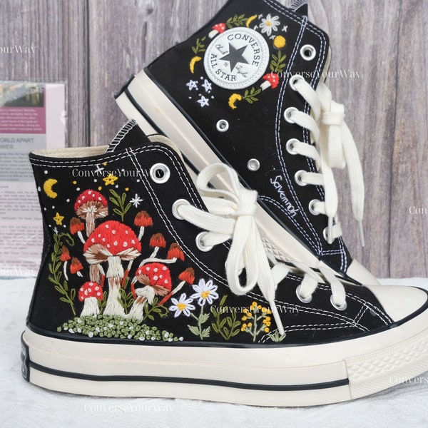 Embroidered Converse Mushroom and Frog/Converse High Tops Chuck Taylor Embroidered Frog & Mushroom/Mushrooms Embroidered Converse Custom