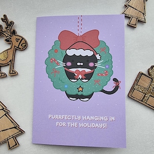 Hanging Cat Christmas Card | Holiday Greeting Card | Cute Kawaii Christmas Card Hanging Cat in Christmas Wreath A5 Handmade Holiday Greeting