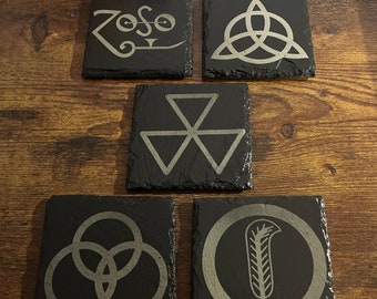 LED ZEPPELIN IV symbols engraved drinks slate coasters. Page, Plant, Bonham, Jones & Sandy Denny