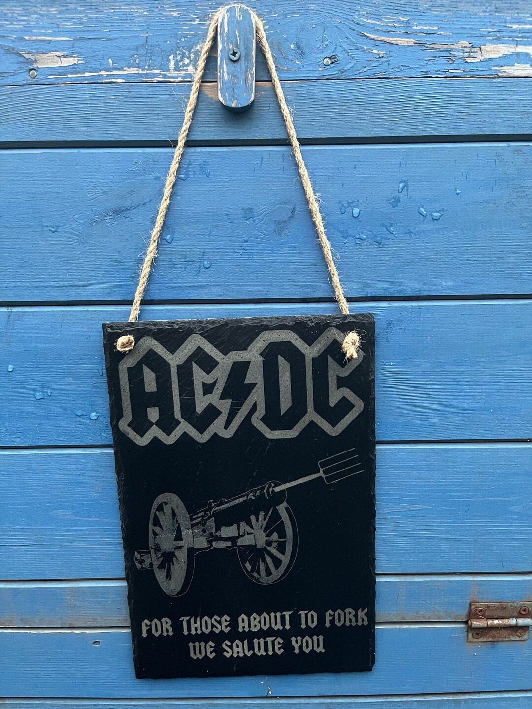AC/DC Shed Sign - for Those About to Fork / Rock Engraved Slate. 30cm X ...