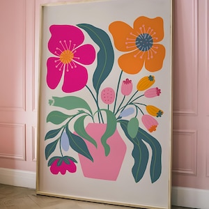Dopamin Dekor Wandposter - Bunte Retro Kunst, Funky Maximalist Druck, trendiges, mutiges Groovy Design für einen Raumakzent, rosa orange Blumen