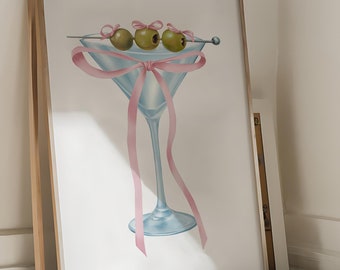 Muurafdrukken coquette, poster print roze martini, girly wanddecoratie, chique coquette decor martiniglas kunst aan de muur, roze strik olijven, elegante bar