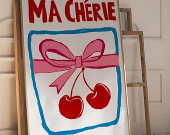 Impression coquette cerise, art mural Ma Cherie Coquette, impression numérique esthétique tendance rouge et rose, art mural noeud