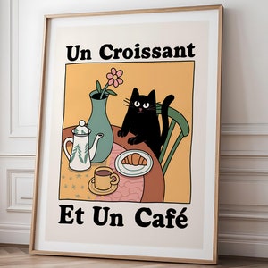 猫のプリント ウォール アート - Un Croissant et Un Café、ヴィンテージ風コーヒー ポスター、パリのキッチン装飾、黒猫のイラスト