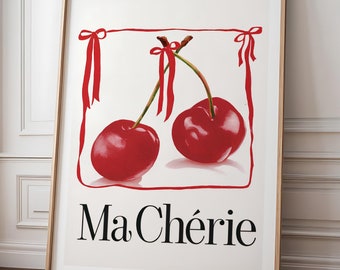 Ma Cherie Coquette Wall Art, Cherry Wall Art Print, Printable Feminine Poster, Coquette Pink Bow Soft Girl