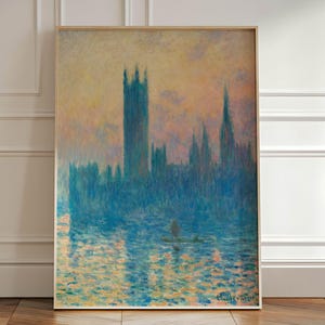May include: A painting of the Houses of Parliament in London, England, by Claude Monet. The painting is done in a Impressionist style, with soft brushstrokes and a hazy atmosphere. The building is depicted in shades of blue and green, with a reflection of the building in the water in the foreground.