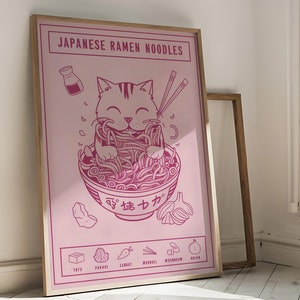 Japanese Lucky Cat Ramen Digital Print Maneki Neko | Fortune Cat Kitchen Art, Cat Noodle Bowl, Asian Wall Decor Download