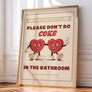 Arte retro con el lema "No tomes Coca-Cola en el baño": corazones alegres, estética de los años 70, impresión digital