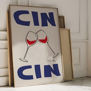 Cin Cin カクテル プリント、イタリアの乾杯の壁アート、赤ワイン グラス ポスター、レトロなバー カートの装飾、ドリンク タイポグラフィ、楽しいバーの壁プリント
