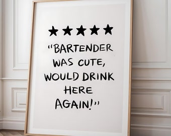 Impresión divertida de carrito de bar, arte de pared con reseñas de barman, decoración de bebidas retro, póster con calificación de estrellas, arte con cita de bar para decoración del hogar