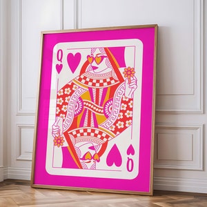 Queen of Hearts Wall Art – Retro Playing Card Print, Bold Pink Home Decor, Pop Art Illustration, Colorful Wall Decor for Card Lovers