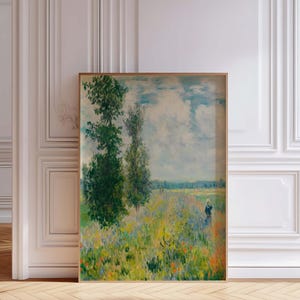 May include: A painting of a field of wildflowers with a single figure walking in the distance. The field is surrounded by trees and a blue sky with white clouds.