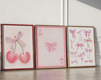 Roze strik muurkunst set van 3 - preppy esthetisch decor voor tienerkamer, pastel girly kinderkamer, schattig universiteitsappartement, poster in flirtstijl
