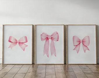Set van 3 roze strikafdrukken | Preppy tienerkunst aan de muur | Coquette Room Esthetisch, decor universiteitsappartement, girly aquarelposter, pastel