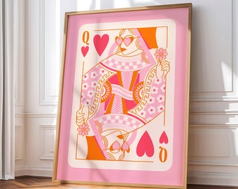 Queen of Hearts Wall Art – Pastel Pink Playing Card Print, Feminine Retro Wall Decor, Modern Retro Aesthetic Wall Art, Playing Card Decor