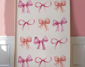 Trendy Balletcore Pink Bow Art, Coquette Room Decor, Watercolor Print, Bows Print, Elegant Nursery Decor