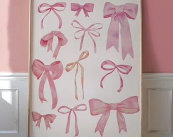 Coquette Balletcore Wall Art, Pink Bow Watercolor Print, Romantic Decor
