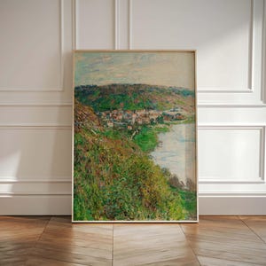 May include: A painting of a landscape with a river winding through a valley. The river is a light blue color and the valley is covered in green trees and bushes. There are buildings in the distance, and the sky is a light blue color with some clouds.