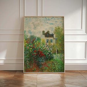 May include: A painting of a house with a garden in the foreground. The garden is filled with colorful flowers, including red, pink, and white. The house is white with a green roof and a small window. The sky is blue with white clouds.