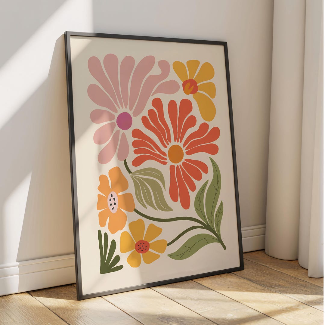 Boho Floral Wall Art Print | Retro Orange Pink Daisies Poster Printable ...