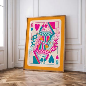 Plakat ścienny Queen of Hearts - Żywy różowy turkusowy i pomarańczowy plakat z kartami do gry, nowoczesna abstrakcyjna sztuka ścienna, odjazdowy kolorowy wystrój, pomysł na prezent