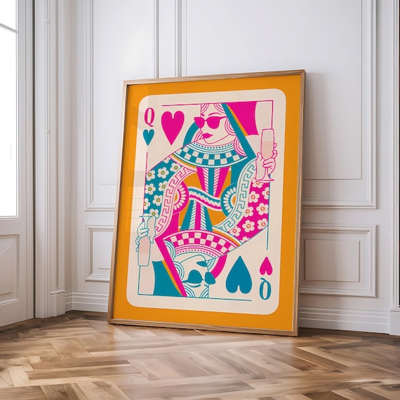 Queen of Hearts Wall Art Print - Vibrant Pink Teal & Orange Playing Card Poster, Modern Abstract Wall Art, Funky Colorful Decor, Gift Idea