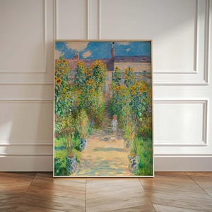 May include: A painting of a garden path lined with sunflowers, a young person walks down the path, the sky is blue with white clouds.