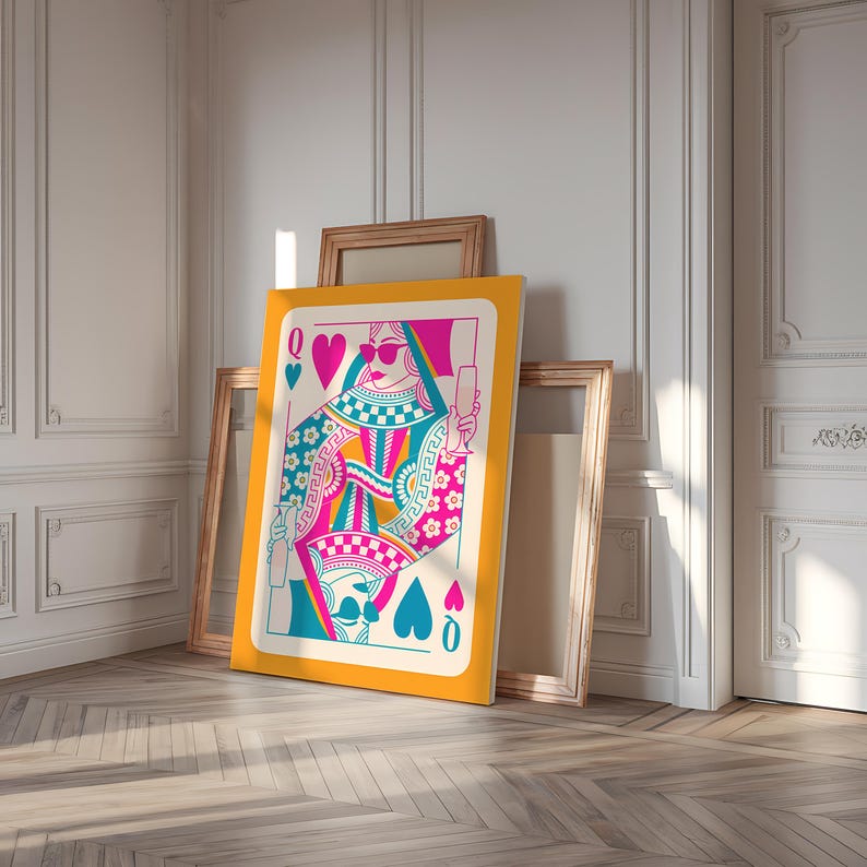 May include: A Queen of Spades playing card with a colorful design. The queen is wearing sunglasses and holding a glass of champagne. The card is on a yellow background.