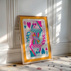 May include: A colorful illustration of the Queen of Hearts playing card. The queen is wearing sunglasses and holding a glass of champagne. The card is set against a yellow background.