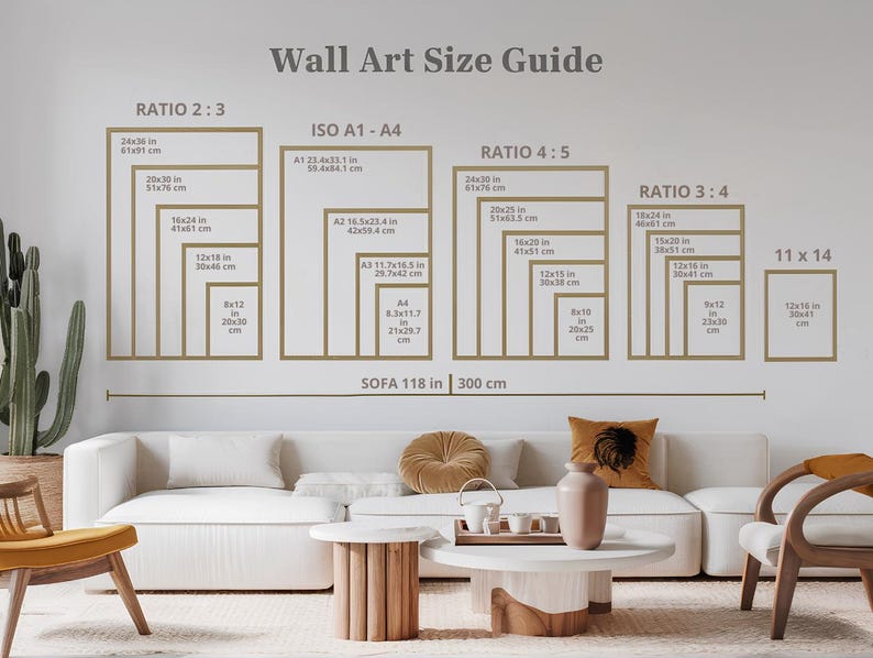 May include: A wall art size guide with different ratios and measurements in inches and centimeters. The guide shows the size of art prints that would look good above a sofa that is 118 inches or 300 centimeters long.