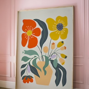 Dopamine Decor Wall Poster - Colorful Retro Art, Funky Maximalist Print, Trendy Bold Groovy Design for Room Accent, Orange Yellow Flowers