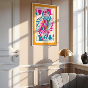 May include: A colorful illustration of the Queen of Hearts playing card. The queen is wearing a pink and blue dress with a crown and sunglasses. She is holding a glass of champagne in one hand and a bottle of champagne in the other. The background is a bright yellow.