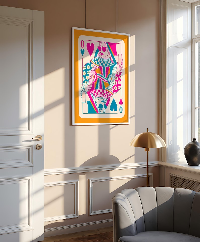 May include: A colorful illustration of the Queen of Hearts playing card. The queen is wearing a pink and blue dress with a crown and sunglasses. She is holding a glass of champagne in one hand and a bottle of champagne in the other. The background is a bright yellow.
