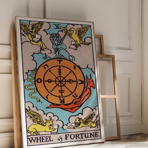 Tarot Cards Rider Waite Art Print - Wheel of Fortune, Vintage Tarot Art, Mystical Celestial Decor, Occult Divination Poster, Esoteric Gift