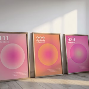 Angel Number Poster Set, Intuition 111 Alignment 222 Support 333, Divine Guidance Prints, Law of Attraction Wall Art, Numerology Poster