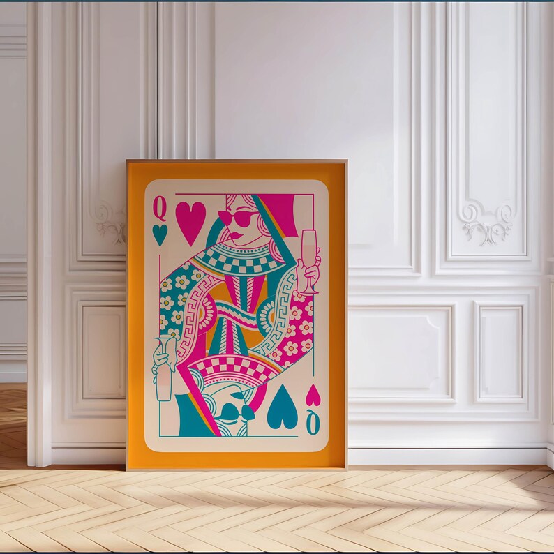 May include: A colorful illustration of the Queen of Hearts playing card. The queen is wearing sunglasses and holding a glass of champagne. The card is framed in a gold frame.