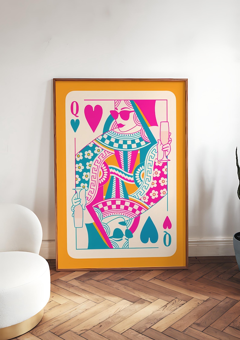 May include: A colorful illustration of the Queen of Hearts playing card. The queen is wearing sunglasses and holding a glass of champagne. The card is set against a yellow background.