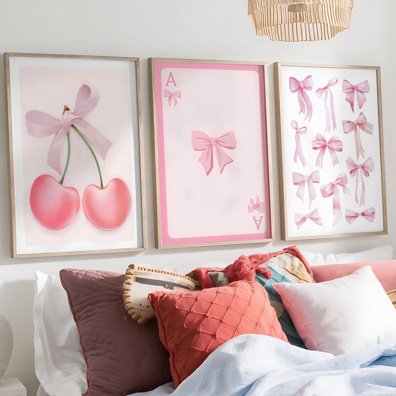 Pink Bow Wall Art Set of 3 - Preppy Aesthetic Decor for Teen Room ...
