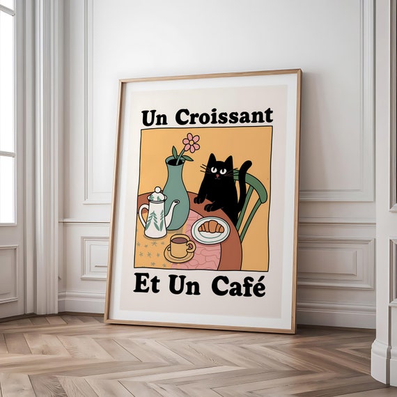 Cat Print Wall Art - Un Croissant et Un Café, Vintage-Inspired Coffee Poster, Parisian Kitchen Decor, Black Cat Illustration