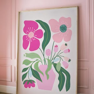 Póster de pared con decoración de dopamina: arte retro colorido, estampado maximalista moderno, diseño moderno y elegante para decorar la habitación, flores rosas pastel.