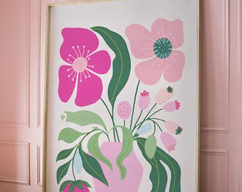 Póster de pared con decoración de dopamina: arte retro colorido, estampado maximalista moderno, diseño moderno y elegante para decorar la habitación, flores rosas pastel.