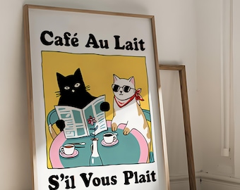 Parisian Cat Print - Café Au Lait S’il Vous Plaît Poster, Retro Parisian Coffee Art, Cute Cat Illustration, Vintage-Inspired Kitchen Decor