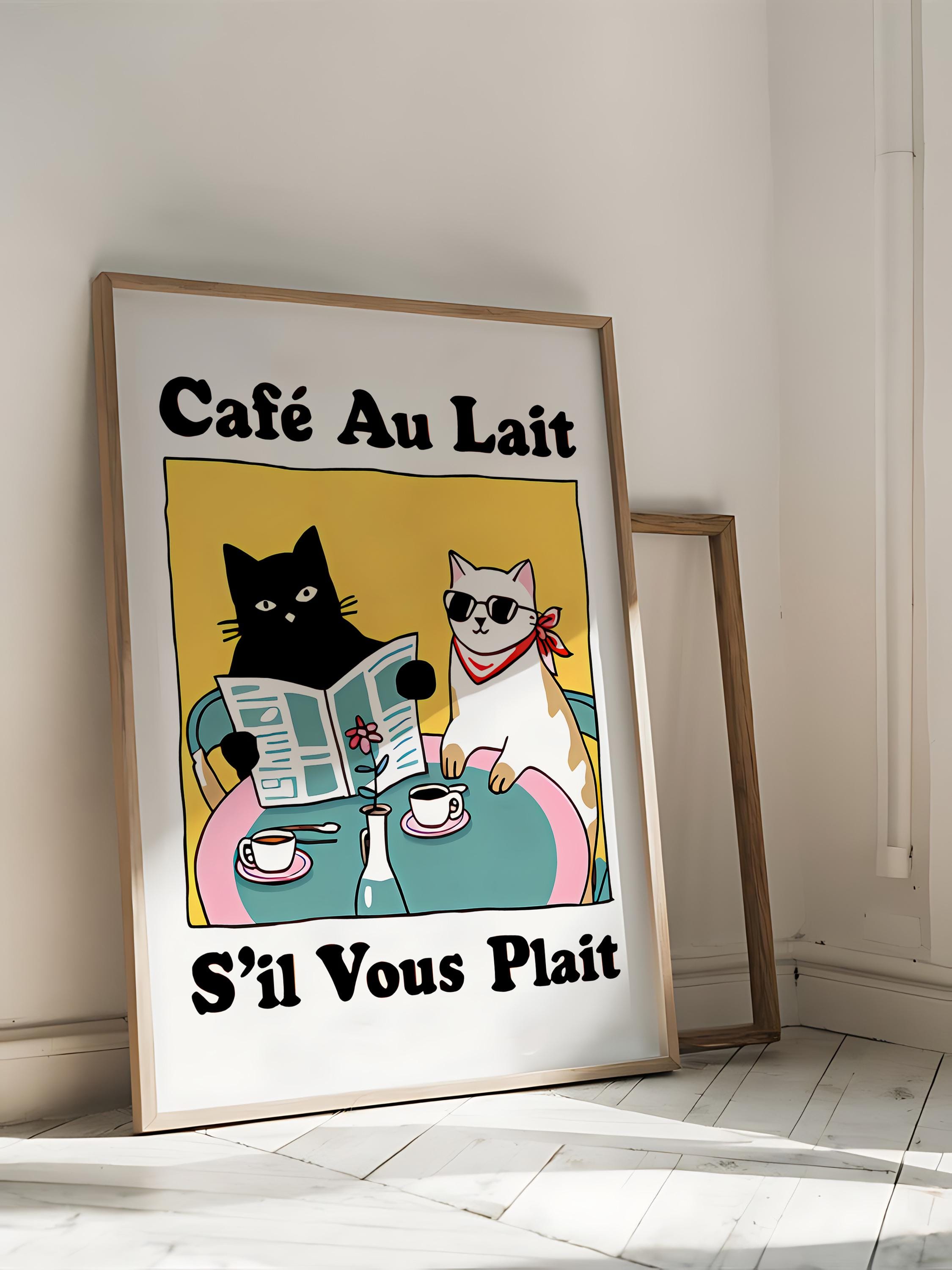 Parisian Cat Print - Café Au Lait S’il Vous Plaît Poster, Retro Parisian Coffee Art, Cute Cat Illustration, Vintage-Inspired Kitchen Decor
