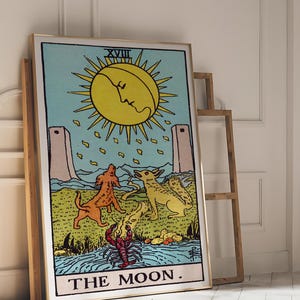 Tarot Cards Rider Waite Art Print - The Moon, Vintage Mystical Poster, Occult Celestial Wall Art, Witchy Spiritual Decor, Tarot Card Print