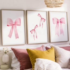 Girly Pink Bow Wall Art Set of 3 - Preppy Pastel Room Decor for Teen ...