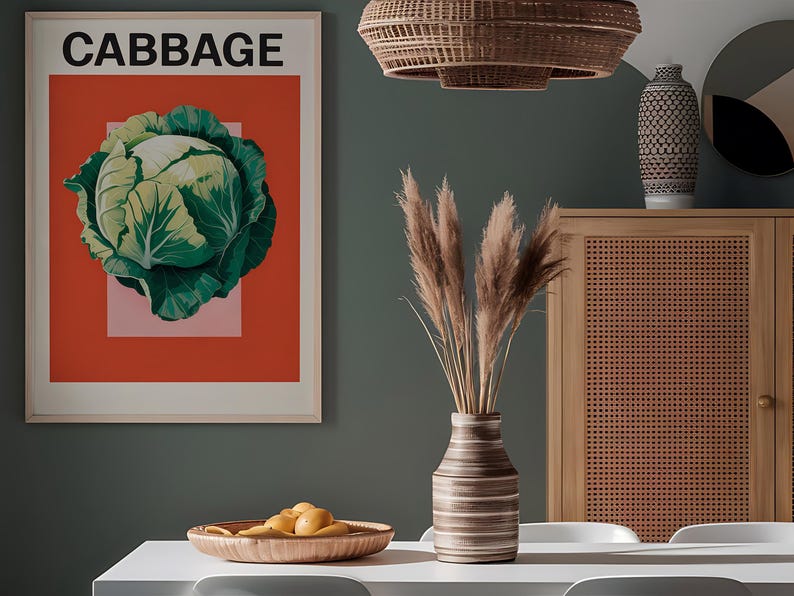 Cabbage Vegetable Art Print – Farmhouse Kitchen Wall Decor, Rustic Food ...