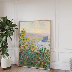 May include: A painting of a landscape with a river and a small island in the distance. The foreground is filled with a variety of flowers in shades of yellow, orange, red, and pink. The sky is a soft blue with hints of pink and purple.