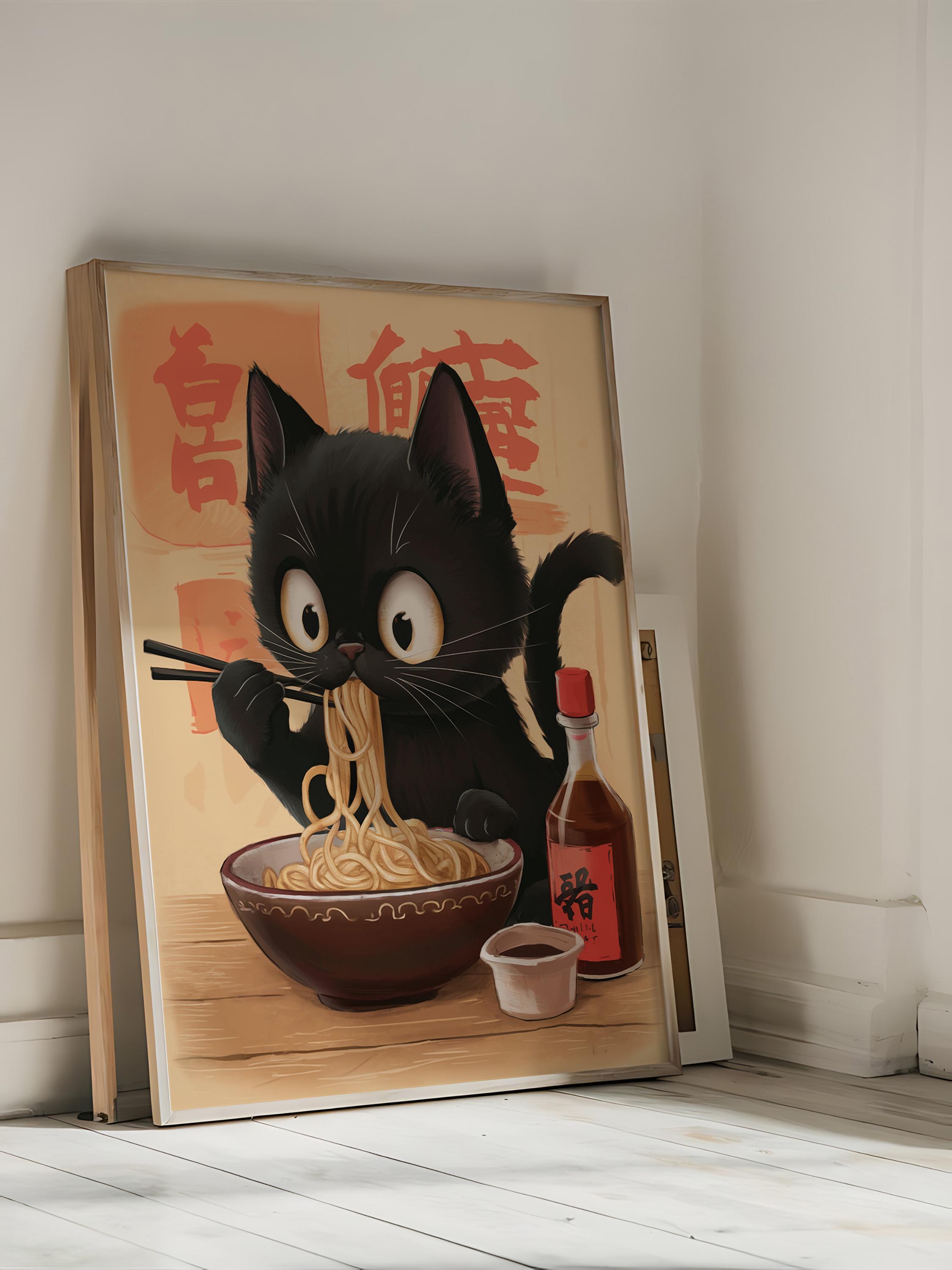Ramen Fortune Cat Japanese Art Print Maneki Neko | Lucky Black Cat ...