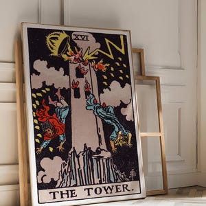 Tarot Cards Rider Waite Art Print - The Tower, Mystical Celestial Poster, Vintage Tarot Occult Wall Art, Witchy Spiritual Decor, Esoteric