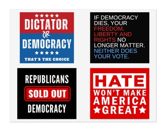 Democracy Sticker Sheet, Multiple Designs, Water Resistant Vinyl, Indoor/Outdoor, Free Shipping, Democrat Stickers, Democracy Stickers